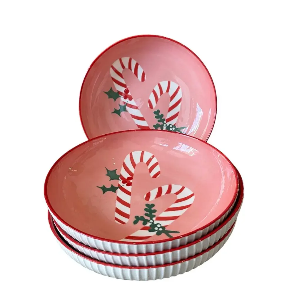 Christmas Candy Cane Dinner Bowl Set of 4 Ceramic Pink Red PrimaDesign Holiday